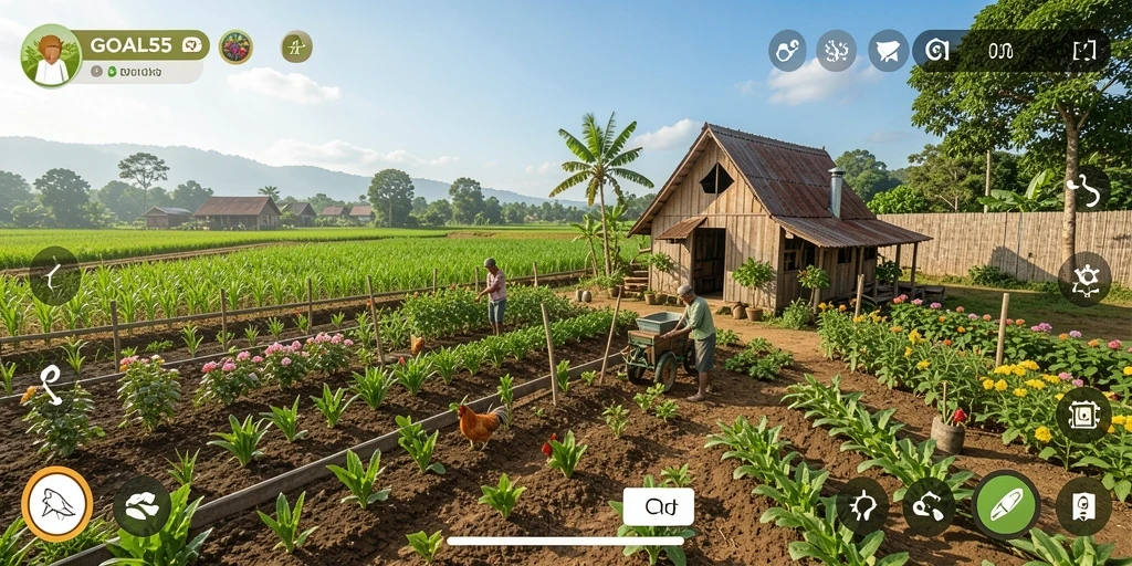 Tampilan gameplay interaktif di <strong>GOAL55</strong> dengan pertanian yang subur dan aktivitas peternakan.