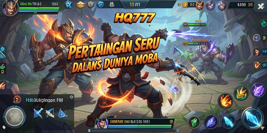 Tangkapan layar gameplay HQ777 dengan aksi pertarungan MOBA yang intens.