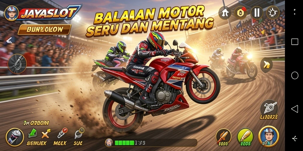 Screenshot gameplay JAYASLOT yang menampilkan balapan motor yang intens.