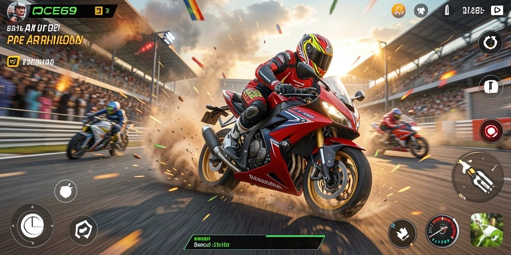 Gameplay OCE69 menampilkan balapan motor yang seru dan mendebarkan.