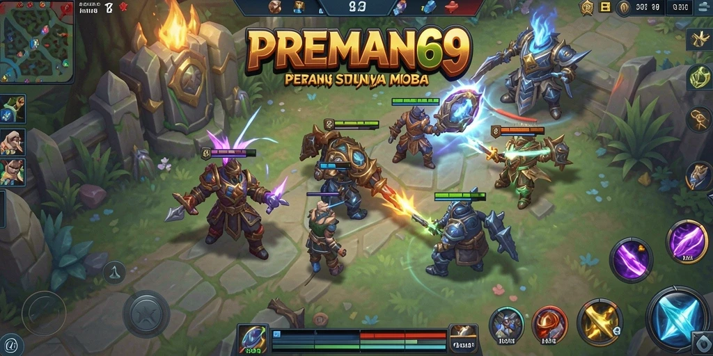 Screenshot yang menunjukkan aksi seru di battlefield MOBA PREMAN69.